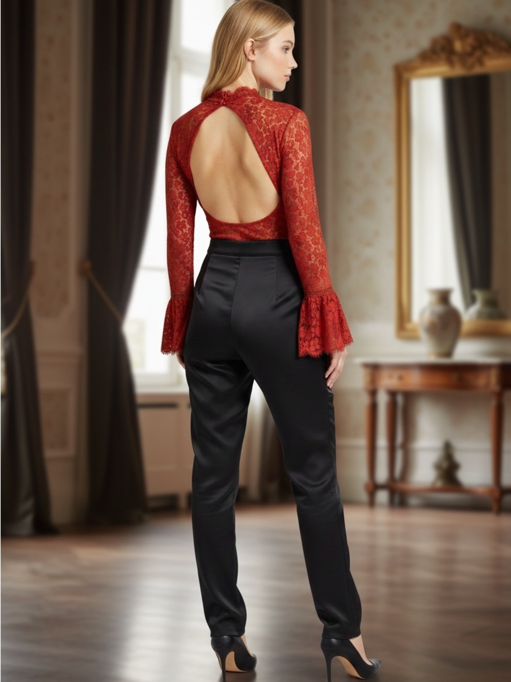 Endless Rose Red Lace Open-Back Bodysuit with Bell Sleeves